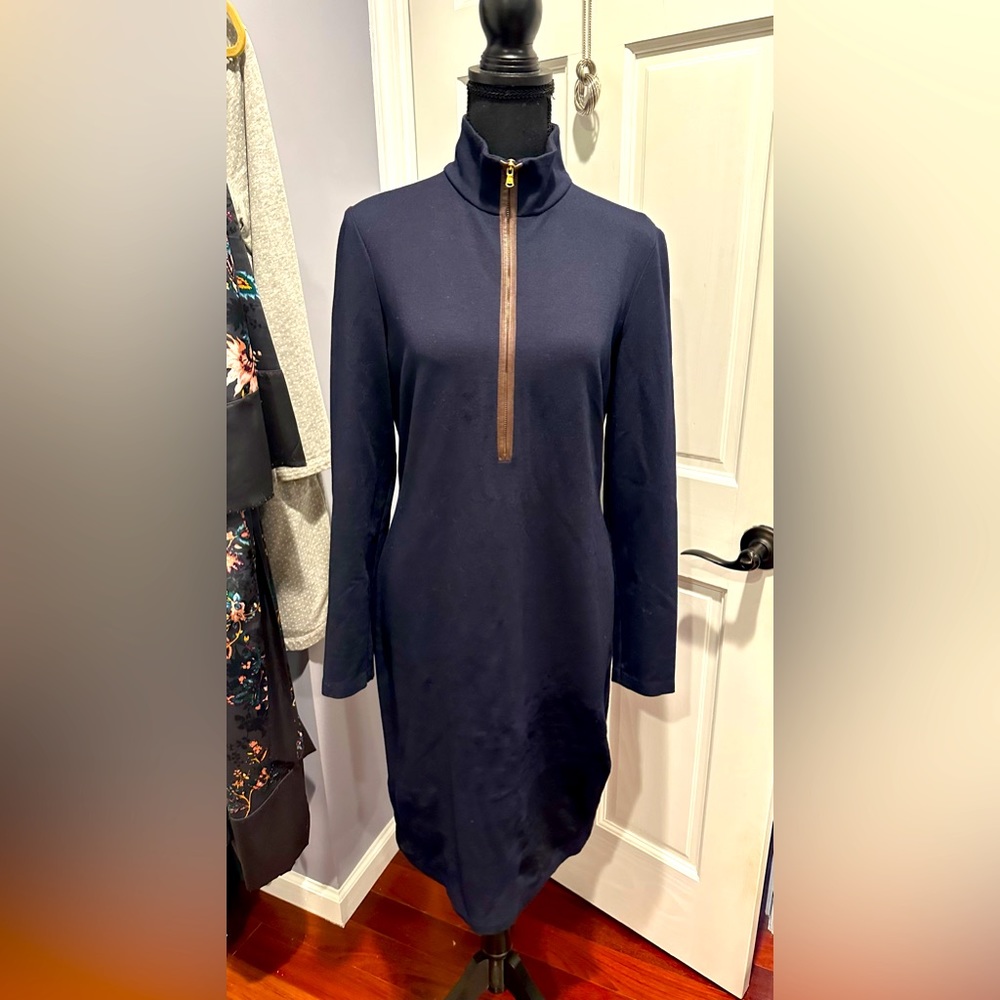 Lauren Ralph Lauren navy blue midi dress with leather patches & zippers; size 10